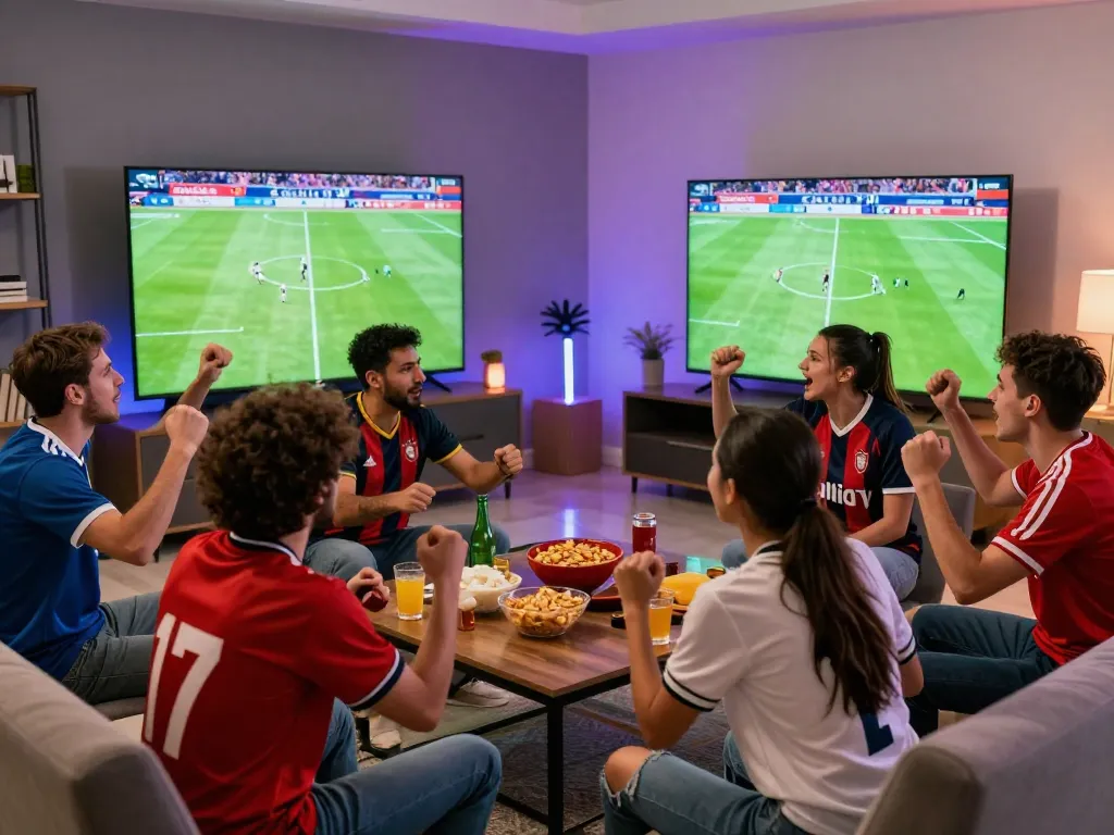 Excited fans watching xem bóng đá cakhia tv live in a vibrant room, creating an energetic atmosphere during a football match.