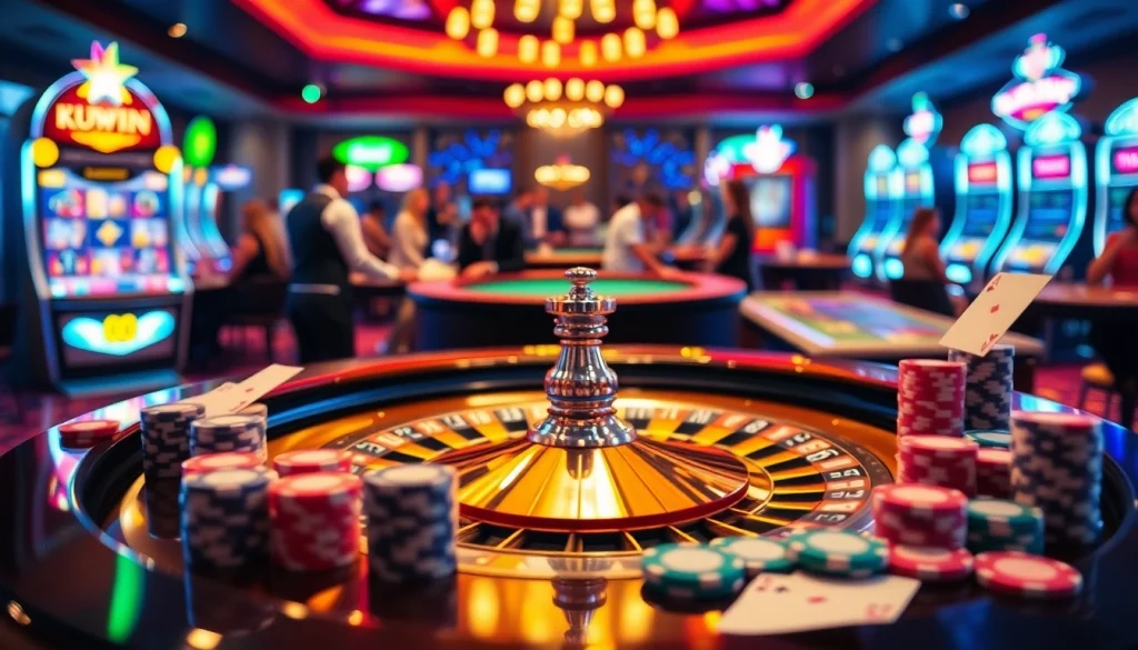 Experience thrilling gameplay at kuwin. com with vibrant roulette, poker chips, and engaged players.