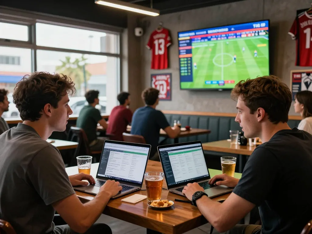 Dynamic scene of bettors analyzing kèo nhà cái 5 live in a bustling sports bar.