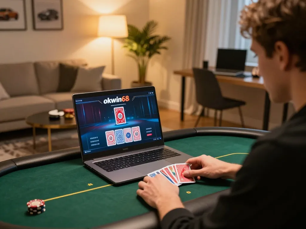 Player enjoying poker on okwin68 in a cozy home setting, focused on the screen with a modern decor