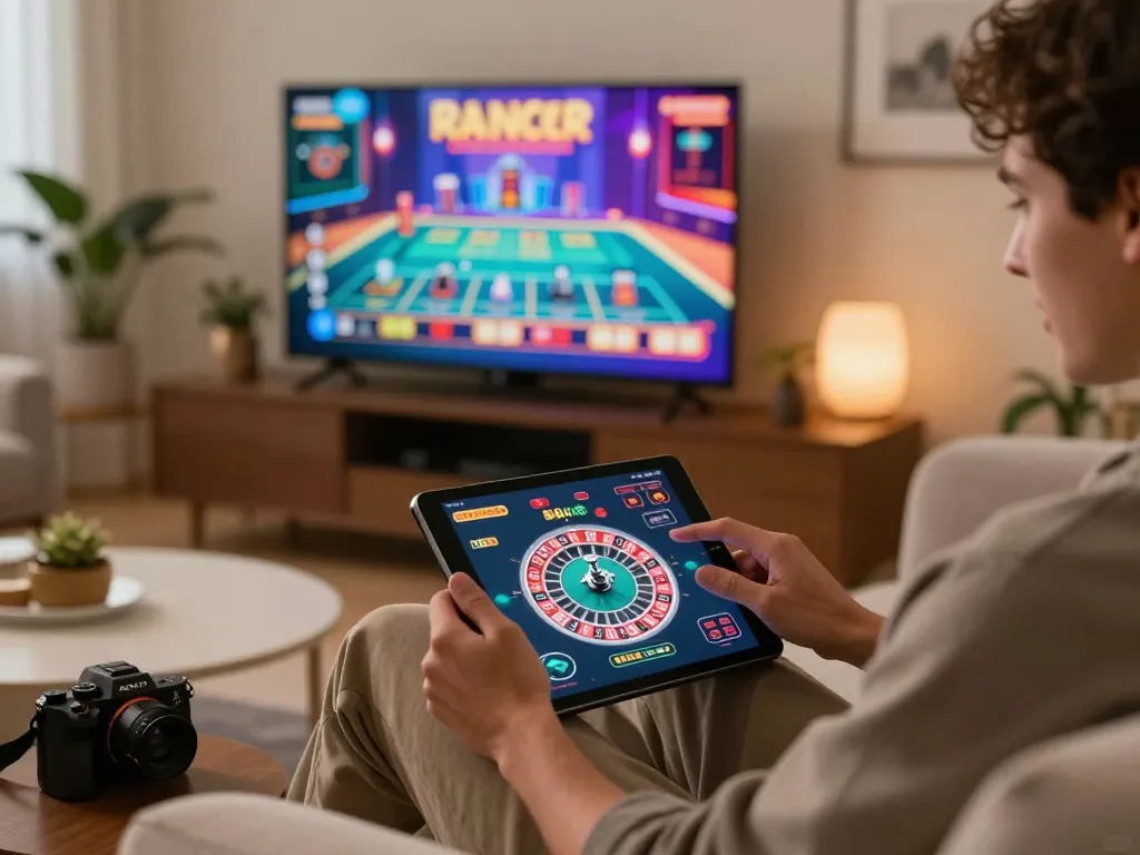 Engaging in online roulette gameplay at home with twiin68 on a tablet in a cozy setting
