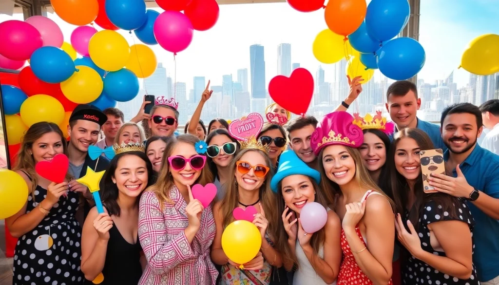 Guests enjoying a photo booth rental chicago at a lively event with creative props