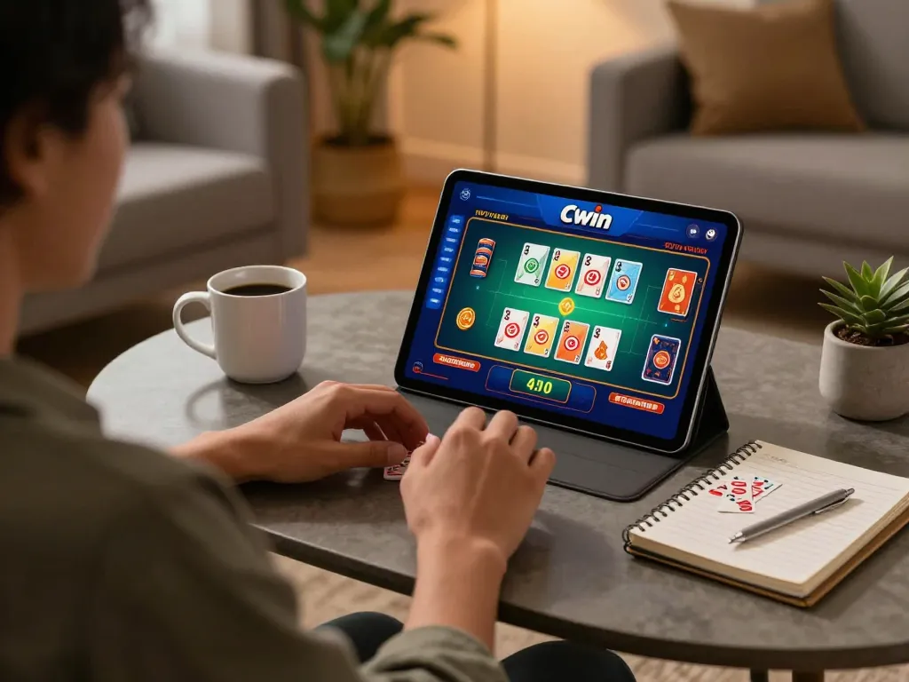Cwin user engaged in online gaming session at home, exploring games on tablet.