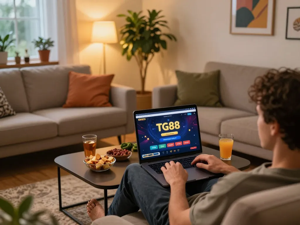 TG88 user enjoying online gaming experience on laptop in a cozy home setting.