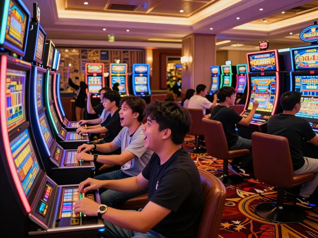 Players enjoying their experience at Slot Malaysia machines in a lively casino atmosphere