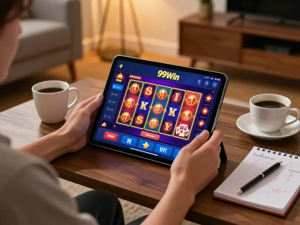 Player engaging with 99Win casino app on tablet while reviewing betting strategies in a cozy home setting.