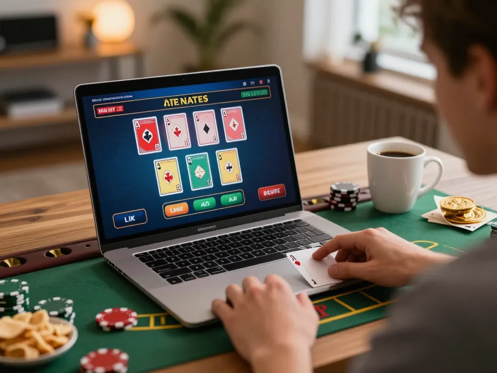 A player enjoys an engaging MMOO live dealer blackjack game at home, showcasing excitement and focus.