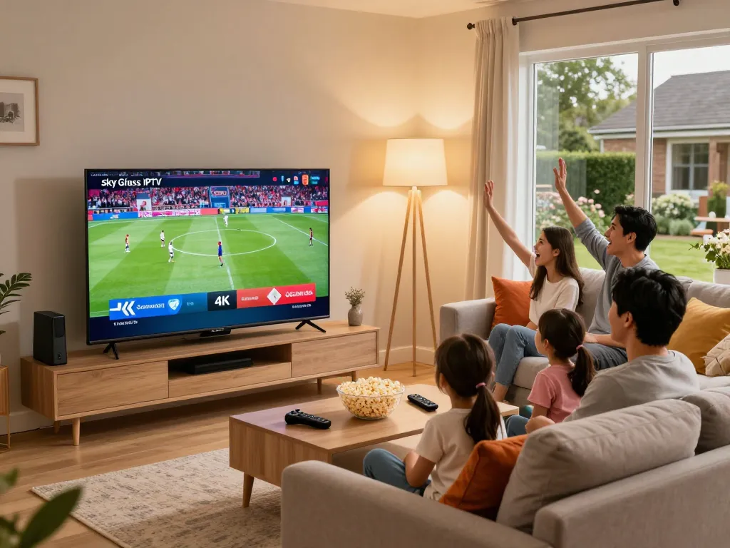 Family enjoying Sky Glass IPTV streaming live UK channels in vibrant 4K clarity.