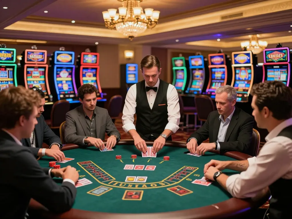 High-stakes gameplay at max88 casino, players focused on blackjack table under luxurious lighting.