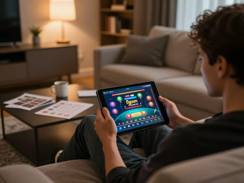 1gom online casino app displayed on tablet in cozy home gaming setup, highlighting strategic play and a relaxed atmosphere