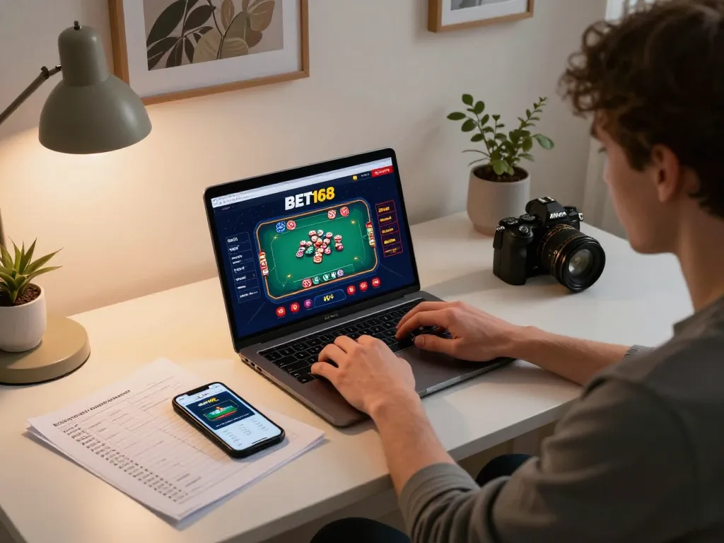 Player engaging with the BET168 online casino interface on laptop, showcasing strategic gameplay.