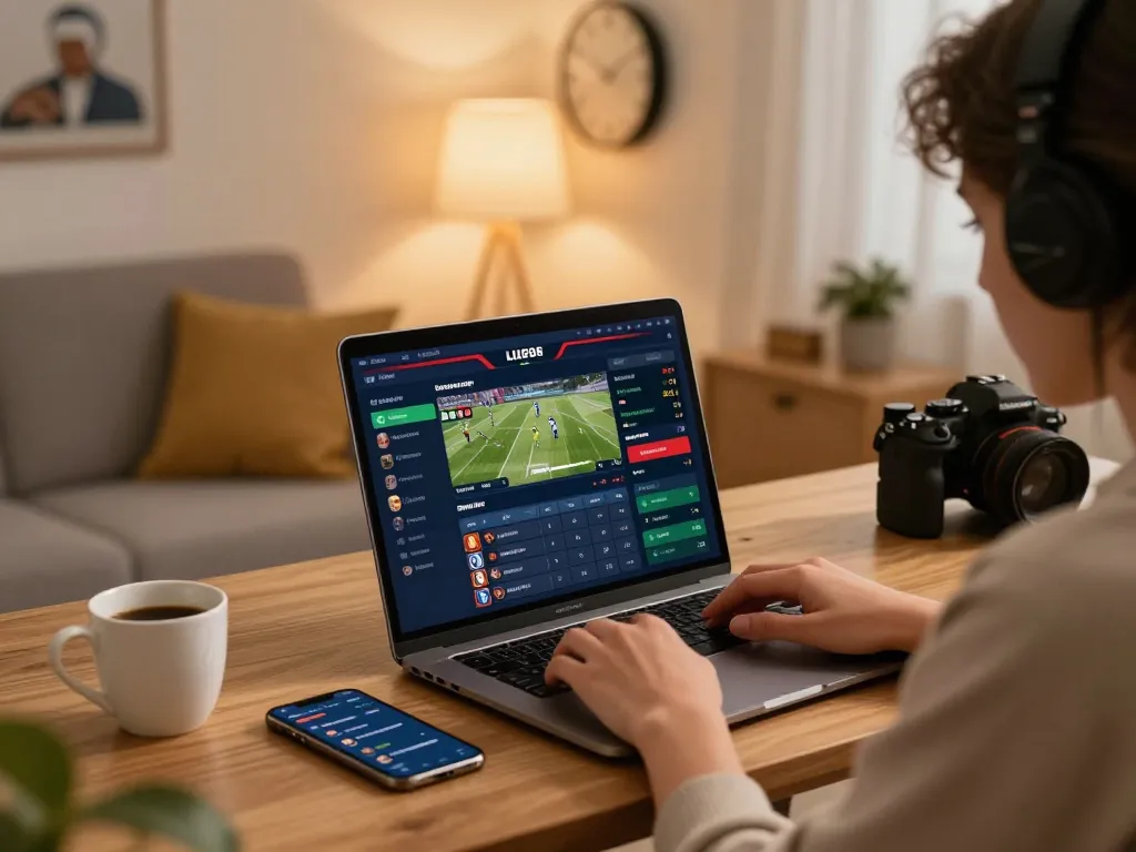 Person engaging in live sports betting on va88 with laptop and smartphone in cozy setting.