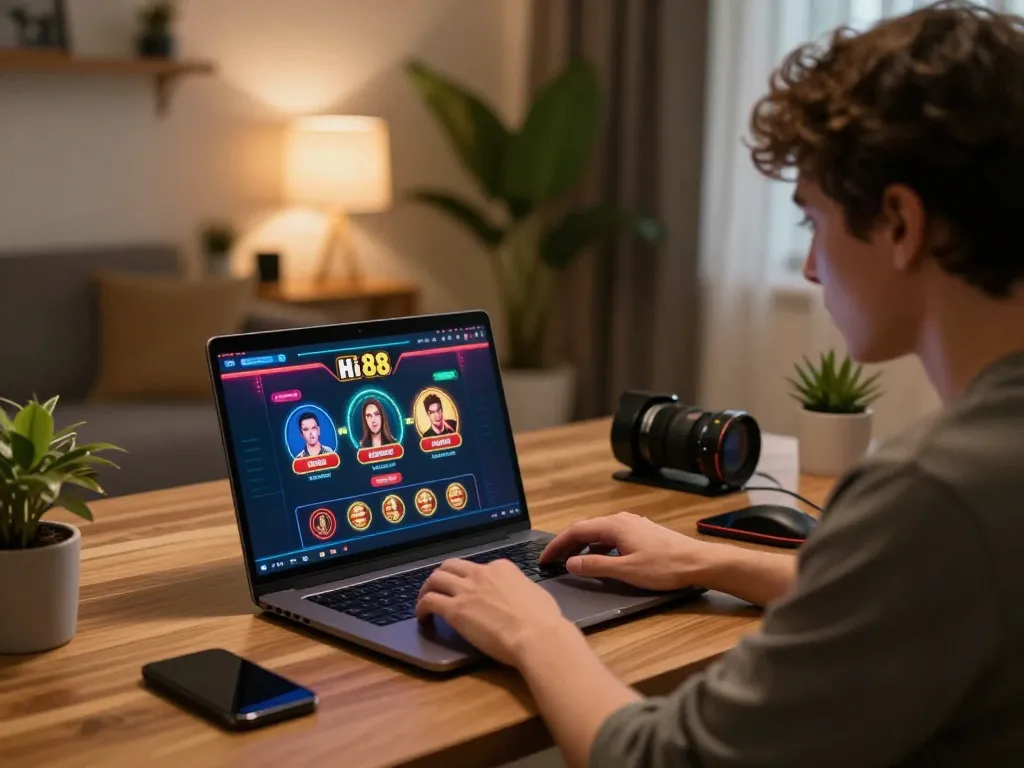 Engaging with Hi 88's online casino interface, a player enjoys the excitement of gambling from home.