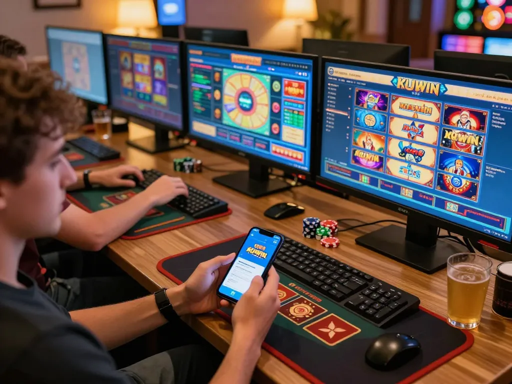 Player enjoying KUWIN online casino app in a cozy home environment with multiple screens displaying games