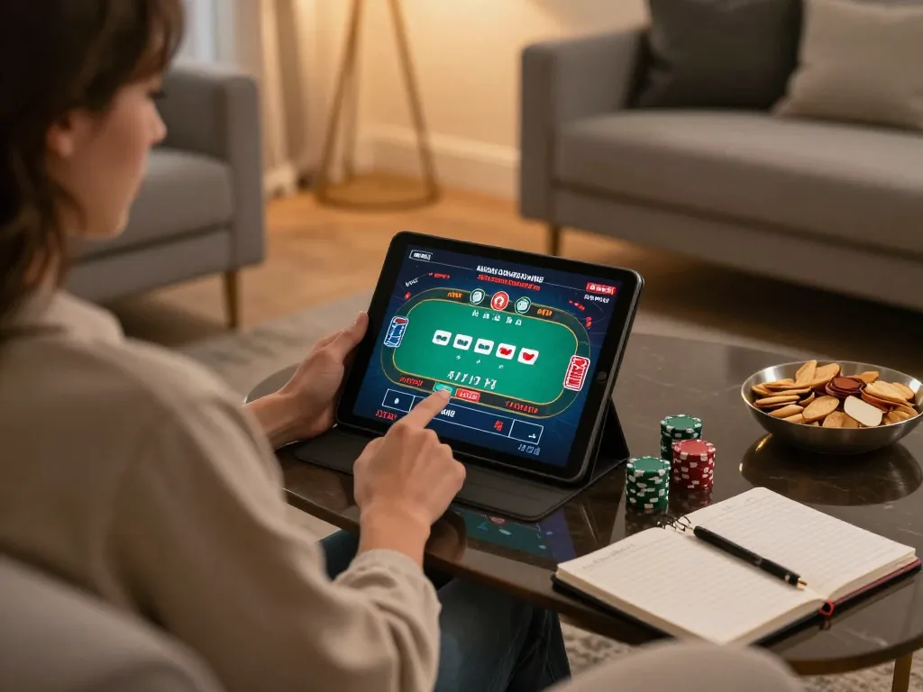 Lode88 player strategizing poker bets online in a cozy living room environment.