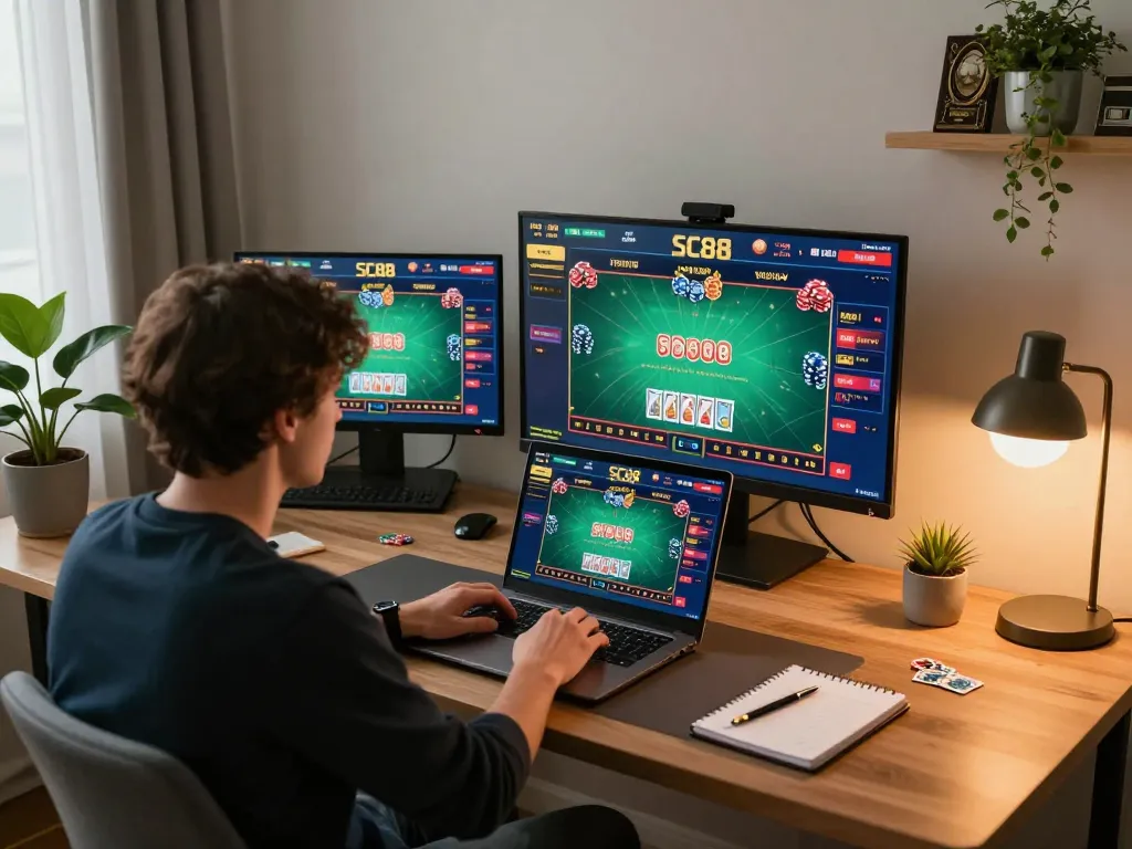 Player engaging with SC88 online casino games on a laptop, showcasing a modern gaming setup.