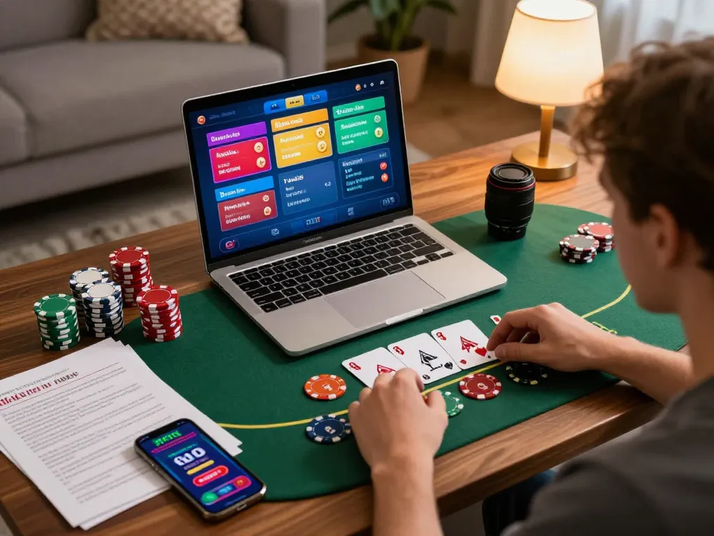 Player enjoying blackjack on 888vnd, engaging in responsible online gambling with strategic notes.