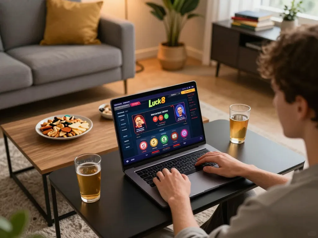 Luck8 online casino gaming setup showing player engaging with dynamic interface on laptop, cozy home ambiance.