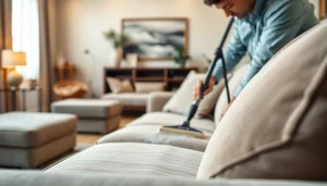 Sofa cleaning in Glasgow by a professional technician in a cozy living room.