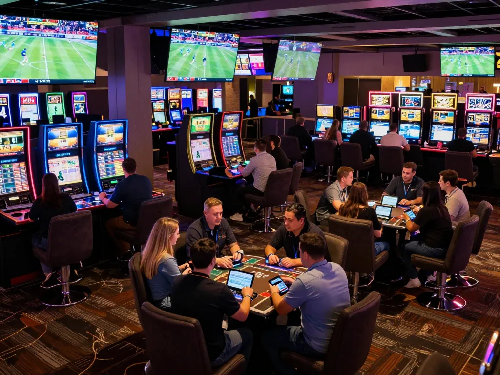 Kèo Nhà Cái offers real-time sports betting experiences with patrons engaged in placing wagers in a lively casino