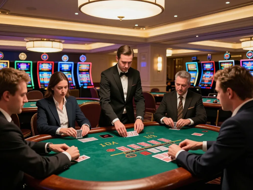 KONG88 blackjack players strategizing bets at luxurious tables in elegant casino setting