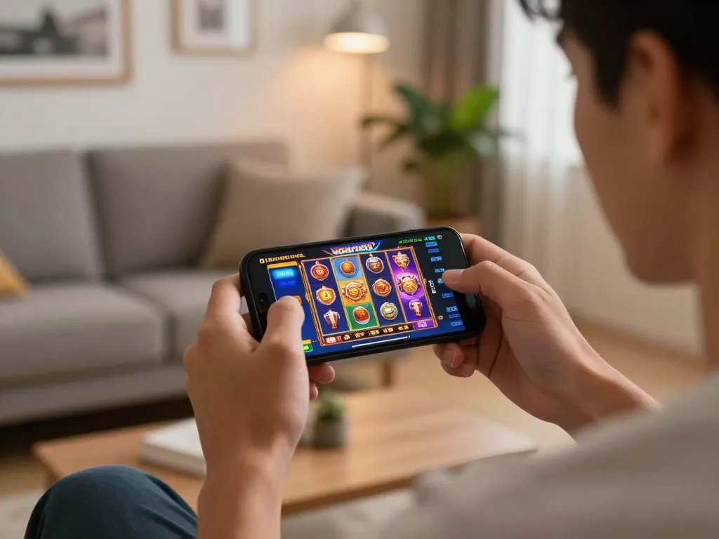 Engaging gaming moment on NOHU90 COM mobile app with vibrant slots interface.