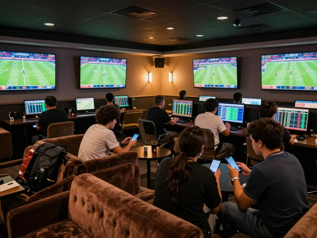 Xoilac users engaged in sports betting at a lively lounge, vibrant screens and enthusiastic crowd.