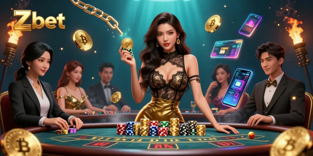 Zbet showcases high-stakes gaming with a glamorous baccarat scene, featuring stunning visuals and cryptocurrency elements.