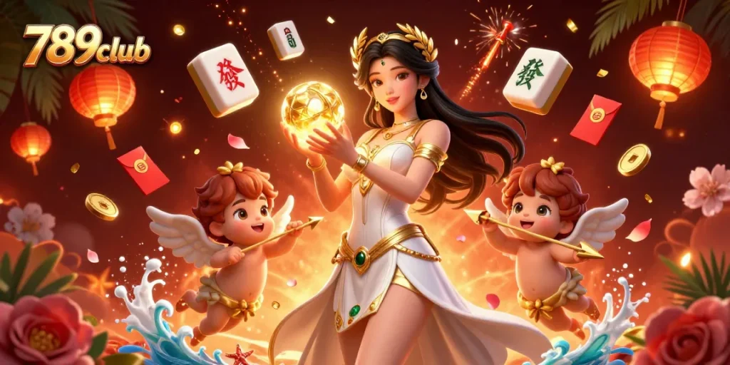 Engage at 789club with a captivating scene featuring a goddess with treasures and playful Cupids.