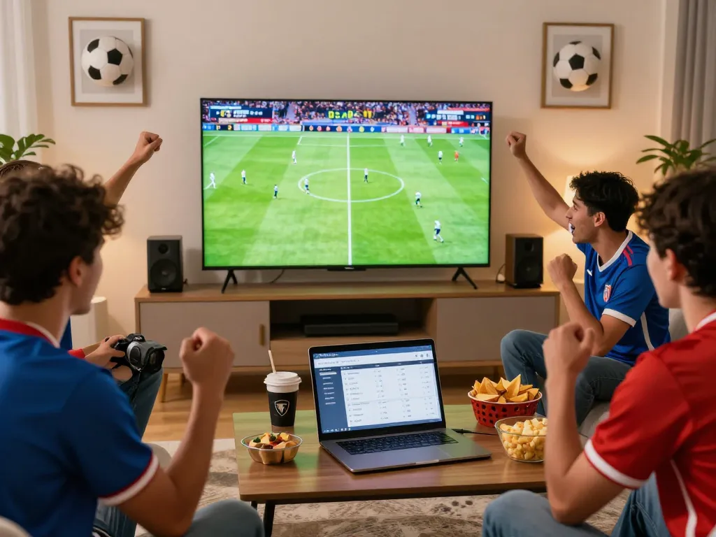 Excited football fans engaging with NOWGOAL's live scores and statistics in a modern living room.
