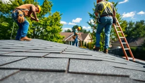 Roofing company workers expertly installing shingles on a residential home.