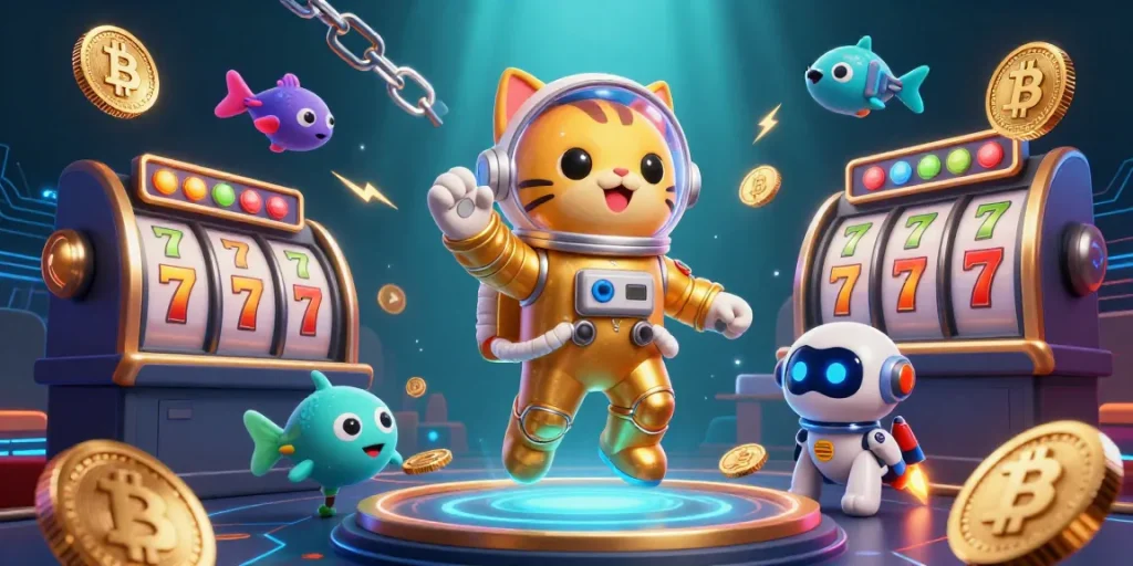 Experience the excitement of 68win with an astronaut cat and robot dog in a vibrant casino adventure.