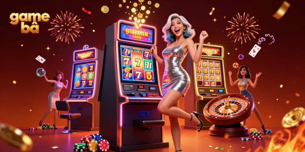 Play thrilling game bài as celebratory jackpot winner surrounded by vibrant casino energy and features.