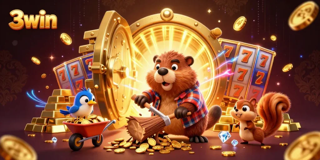 Engage with the vibrant 3win scene of a lively casino atmosphere featuring animated characters and gold coins.