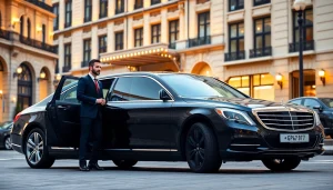 Chauffeur Services Nottingham highlighted with a professional driver by a luxury vehicle in an upscale city setting.