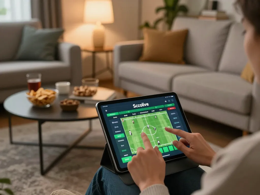 Socolive app displayed on tablet during online sports betting session, cozy home atmosphere.