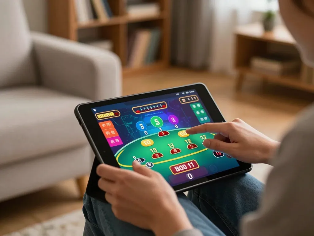 Sunwin player engages in live dealer blackjack on a tablet at home, showcasing strategic gameplay.