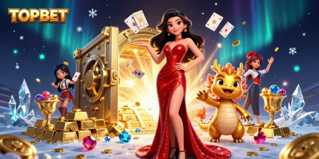 Experience the excitement of TOPBET with stunning visuals of a confident woman and a golden dragon