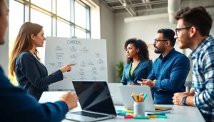 Individuals collaborating to learn how to find my perfect career in a bright office.