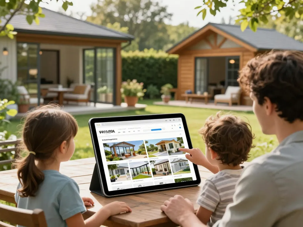 Family engaging with a Veranda configurator on a tablet in a beautiful outdoor setting, showcasing various design options for their new home.