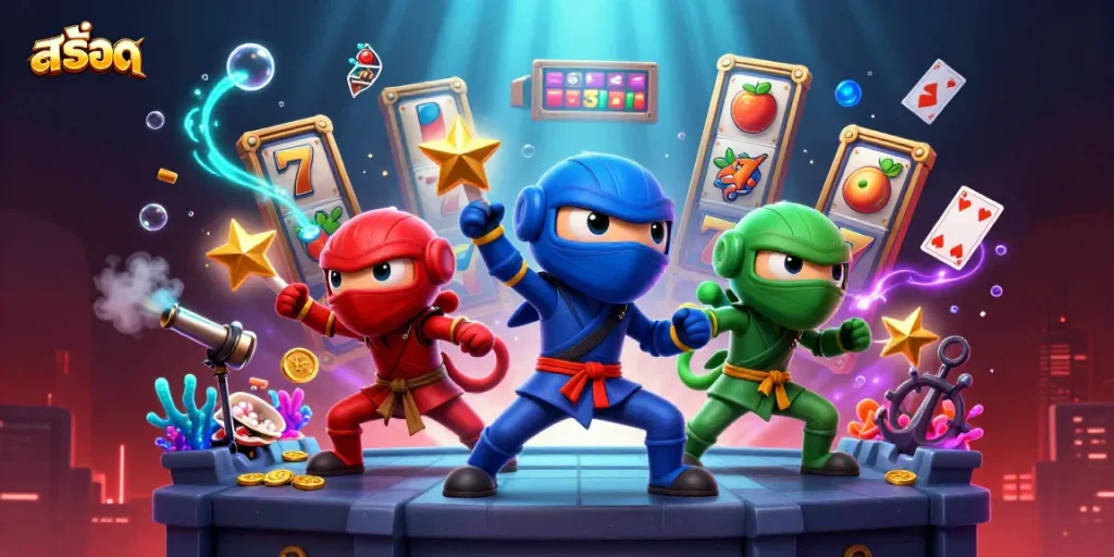 Experience the thrill of สล็อต through a dynamic scene of chameleon ninjas amidst golden treasure.