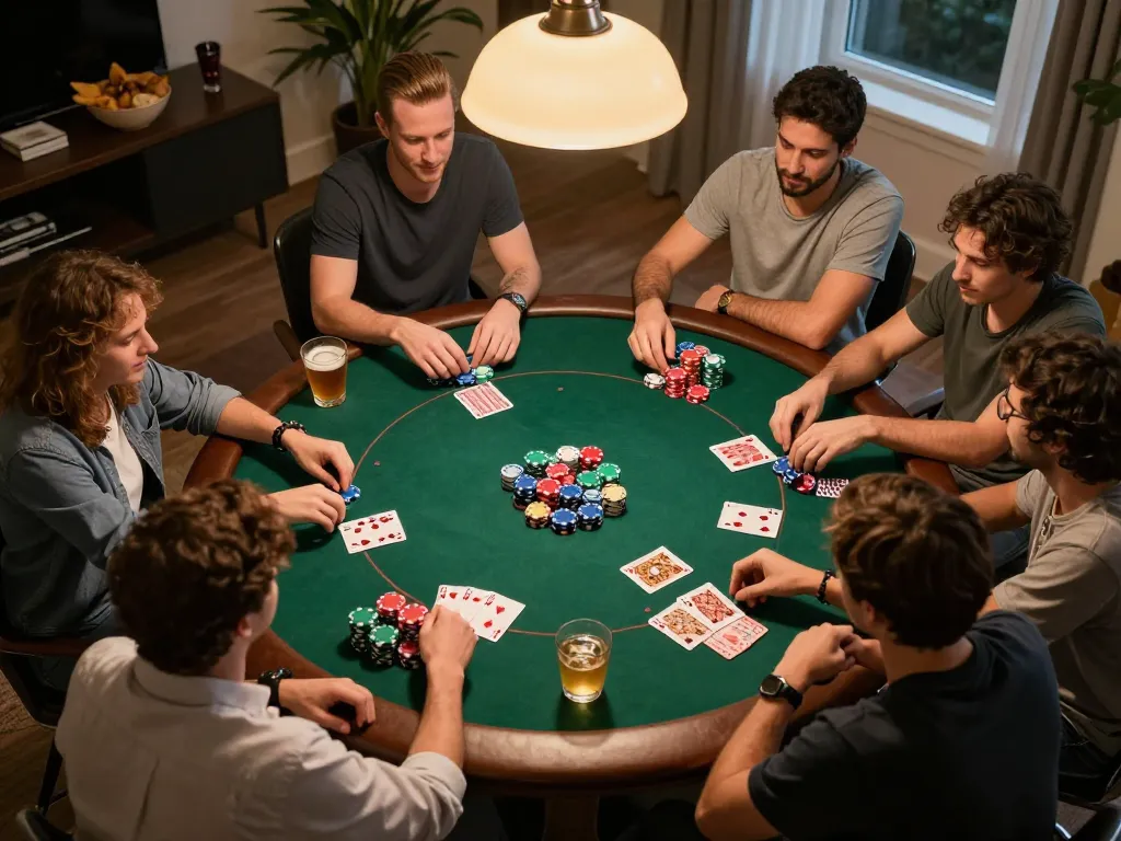 Go88 game enthusiasts enjoying a lively poker night with chips and cards visible, fostering competitive camaraderie.
