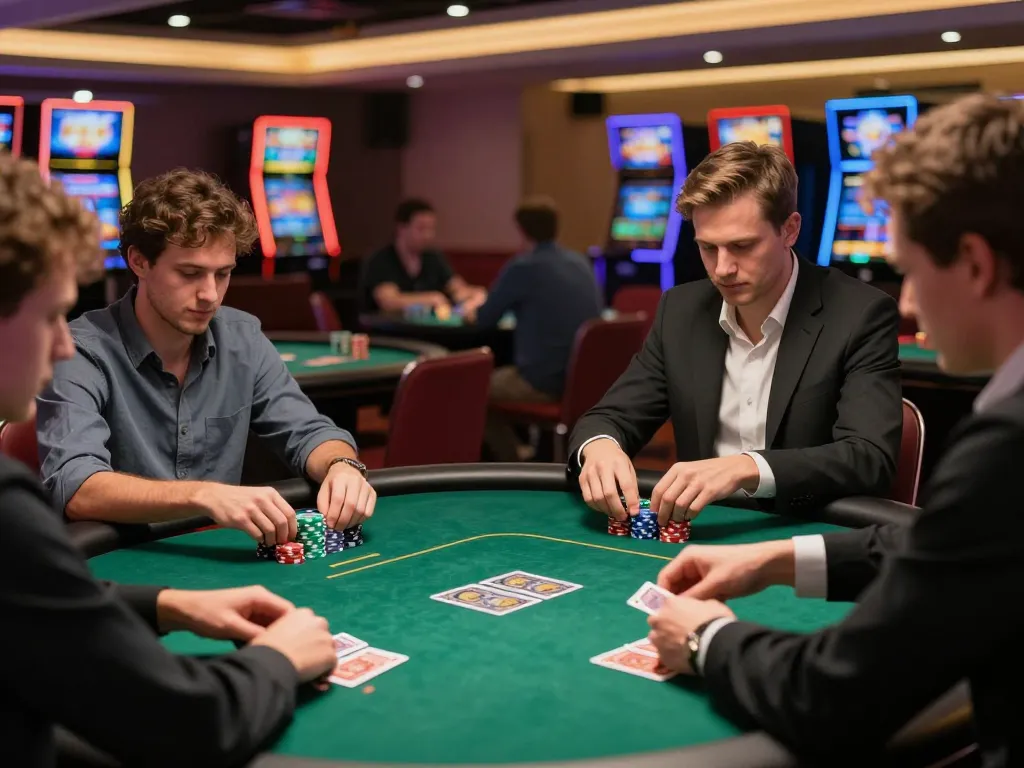 Players engaging in poker at a lively casino table, experiencing the excitement of ok 8386 gaming.