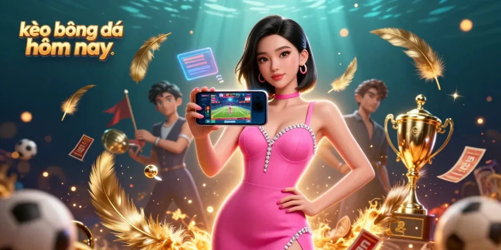 Engage in sports betting with kèo bóng đá hôm nay, featuring a confident woman using a smartphone amidst dynamic betting elements.