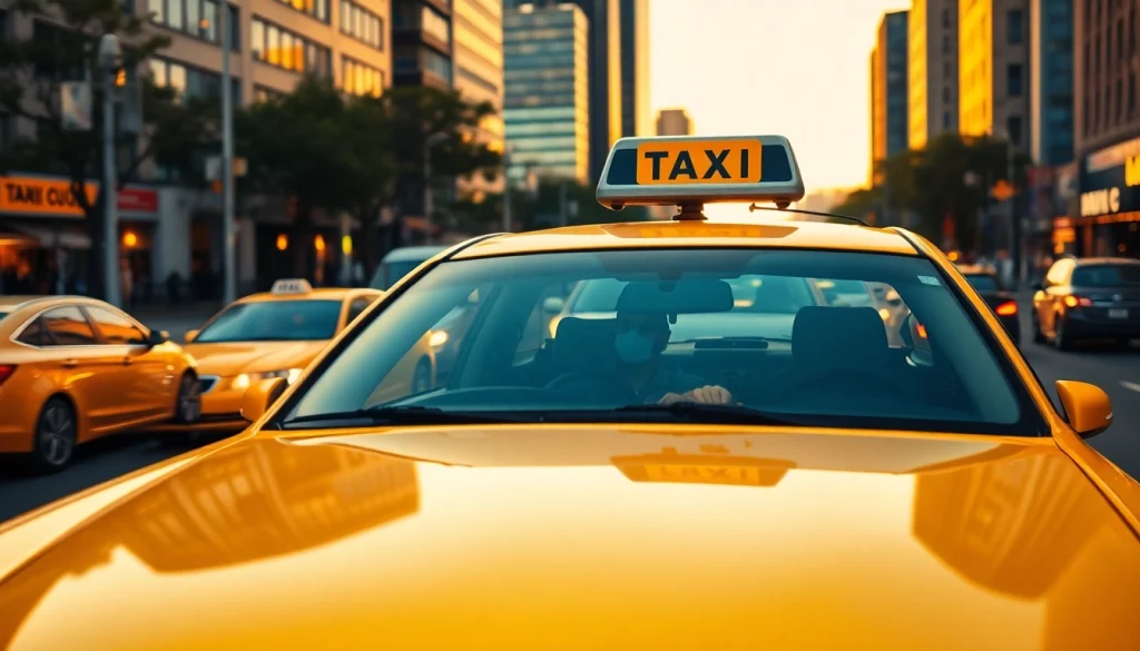 Taxi driving through a bustling city street during golden hour with a vibrant yellow hue.