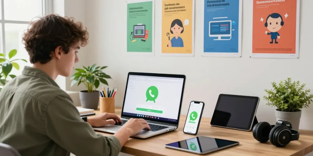 Downloading GB WhatsApp on a modern laptop in a vibrant workspace