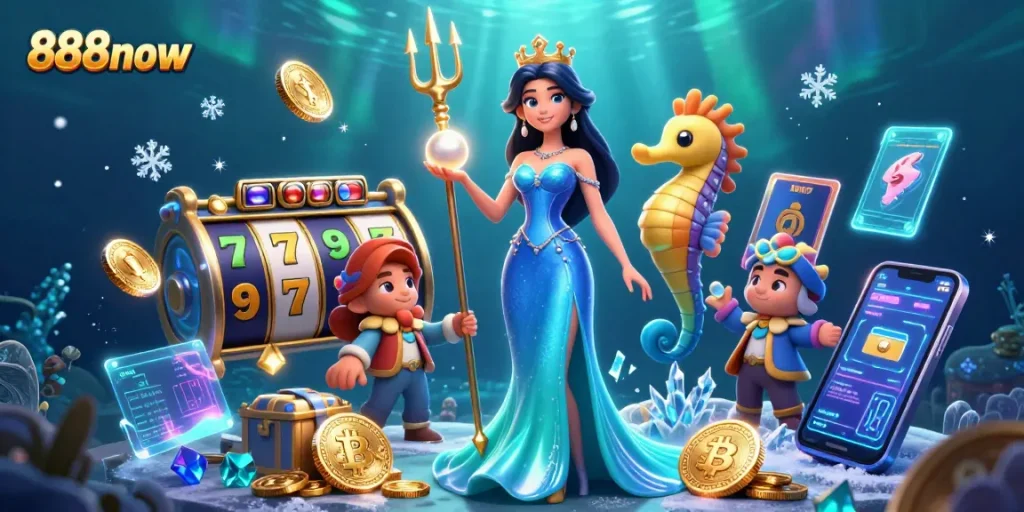 Experience thrilling jackpots and immersive gaming with 888now at this dynamic underwater casino scene.