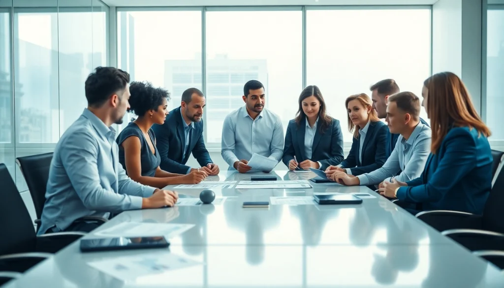 Collaborative discussion on grants showcasing diverse professionals in a modern office setting.