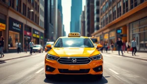 Taxi driving through a vibrant city street, showcasing urban connectivity and movement.