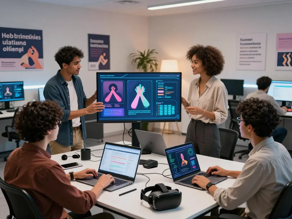 Interactive scene depicting a diverse group exploring sex AI technology in a modern lab environment, emphasizing engagement and education.